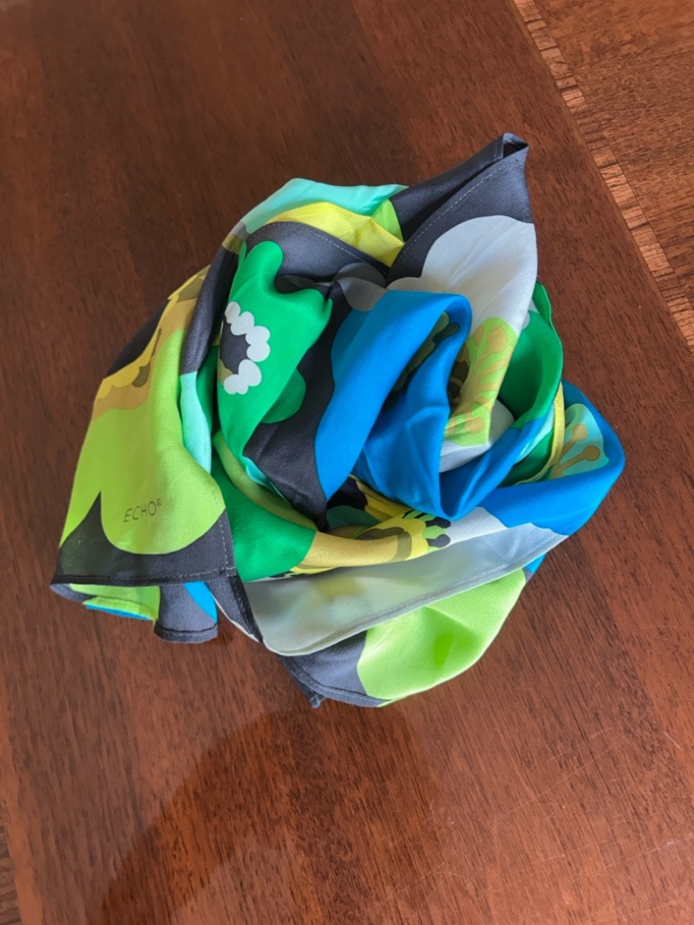 Echo Colorblock Floral Silk Scarf in Blue, Green & Yellow 10“ x 52“ - Picture 2 of 9